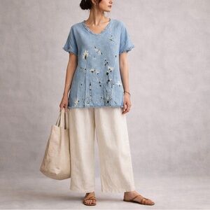 Lagenlook Art Botanical Floral print Cotton Dolman Tunic Quiet Luxury size L